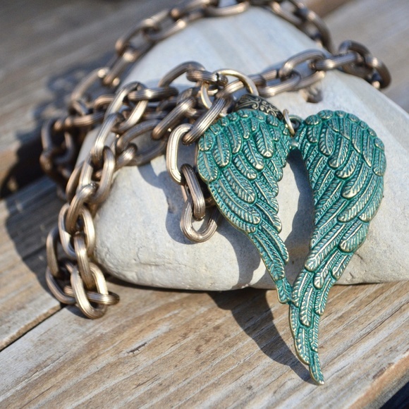 Angel Wings Big Pendant Filigree Necklace Brass Green Patina Verdigris Gift Boho - Picture 2 of 5